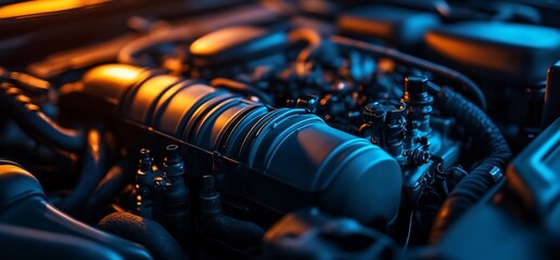Poster - Close-up of a car engine showcasing intricate mechanical components.