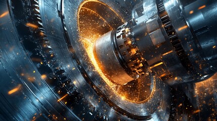 Poster - Close-up of a mechanical gear system with sparks and metallic textures.