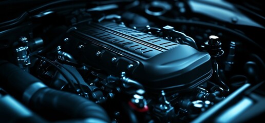 Fototapete - Close-up of a sleek automotive engine showcasing intricate design and mechanics.