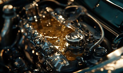 Poster - Close-up of a shiny engine with oil being poured into it.