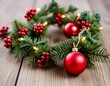 © Waranya - there is a wreath of christmas decorations on a wooden table.