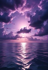 Wall Mural - the calm surface of a vast ocean reflecting the deep blues and purples of a cloudy sky, calming, ser