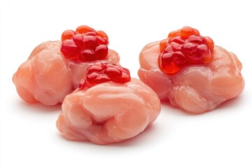 Poster - Three raw chicken portions topped with red caviar, isolated on white.