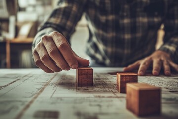 Poster - Close-up of hands arranging wooden blocks on blueprints.
