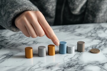 Leinwandbilder - Woman's hand pointing at ascending colorful cylinders on marble table, representing growth or progress.