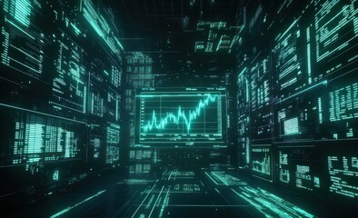 Aufkleber - Futuristic digital space with glowing data streams and a central stock market graph.