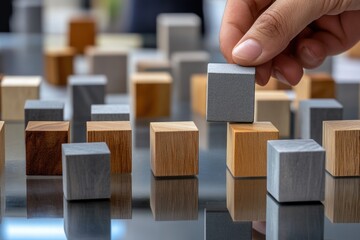 Poster - Hand placing wooden block on others, building a structure.
