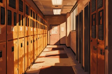 Aufkleber - Sunlit hallway with rows of lockers.