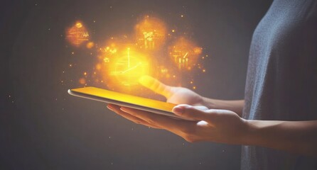 Fototapete - Woman using tablet, glowing clock & data icons.