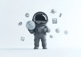 Poster - Astronaut holding Earth model with floating tech icons.