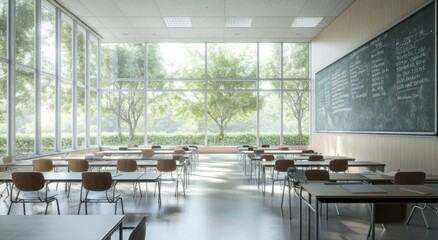 Leinwandbilder - Sunlit classroom with desks, chairs, blackboard, and large windows overlooking trees.
