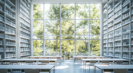 Leinwandbilder - Sunlit library interior with large windows, bookshelves, and tables.