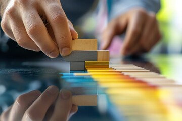 Leinwandbilder - Close-up of hands arranging wooden blocks, strategy concept.