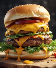 Wall Mural - A grilled cheeseburger with melted cheese and crispy lettuce on a toasted bun, texture, cheeseburger, sizzling