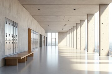 Leinwandbilder - Modern minimalist hallway with lockers and bench, sunlight streaming through large windows.