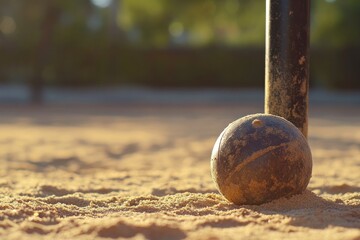 Wall Mural - Close-up of a worn bocce ball resting on a sandy court near a post in sunlight.