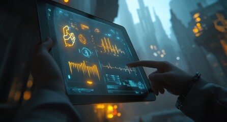 Poster - Futuristic tablet displaying data graphs and charts in a cyberpunk city.