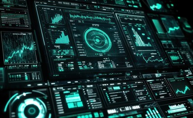 Aufkleber - Futuristic digital dashboard with graphs, charts, and data.
