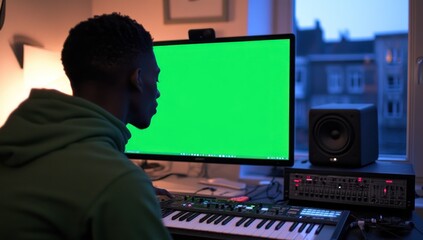 Aufkleber - Man using green screen computer.