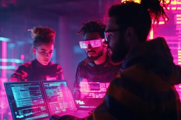 Poster - Diverse programmers collaborate on coding project in vibrant neon-lit office.