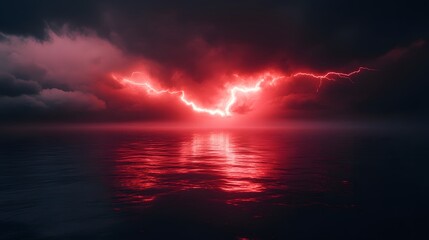 Wall Mural - Red Lightning Strikes Over Dark Ocean Waters