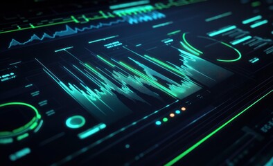 Aufkleber - Futuristic glowing teal and green data graphs and charts on a dark screen.
