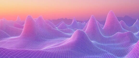 Fototapete - Abstract pastel landscape with wireframe hills at sunset.