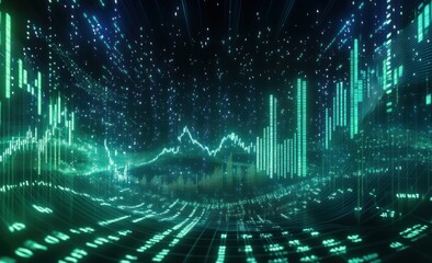 Aufkleber - Abstract glowing green financial chart landscape.