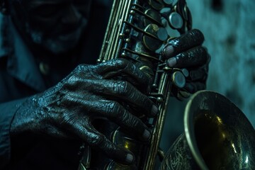 Aufkleber - Close-up of elderly musician's hands playing saxophone.