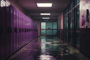 Poster - Empty school hallway with purple lockers and wet floor at night.
