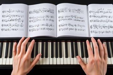 Aufkleber - Hands playing piano with sheet music.