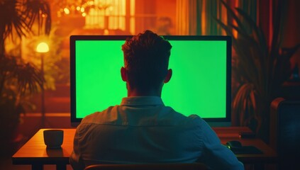 Poster - Man working late at home on computer with green screen.
