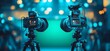 © VINA - Two cameras on tripods facing a green screen in a studio setting.