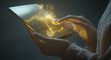 Leinwandbilder - Woman uses tablet, interactive map displays.