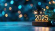 © nattapon - New Year's celebration theme featuring illuminated numerals 2025, sparkling fireworks, and festive bokeh background, Ideal for greeting cards, social media posts, and event promotions,