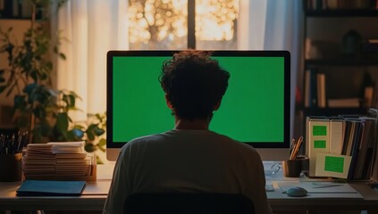 Aufkleber - Person sitting at desk, facing green screen computer.
