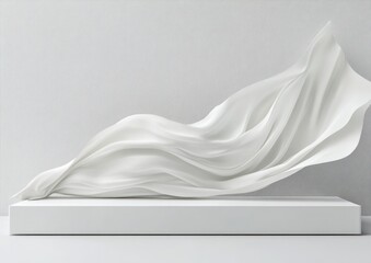 Leinwandbilder - White fabric draped elegantly on a minimalist white platform against a light gray background.