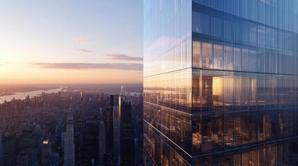 Wall Mural - A towering transparent skyscraper, with glass panels reflecting the city skyline and sky, blending seamlessly into its environment