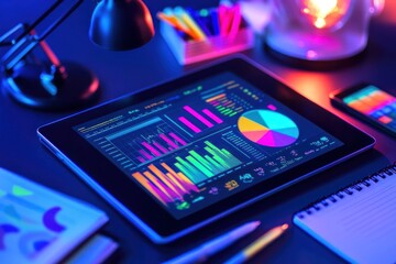 Leinwandbilder - Tablet displaying colorful data charts and graphs on a dark desk with stationery.