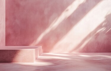 Leinwandbilder - Pink stucco wall with sunlight and platform.