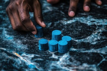 Poster - Close-up of hands arranging blue cylindrical blocks on a dark surface.