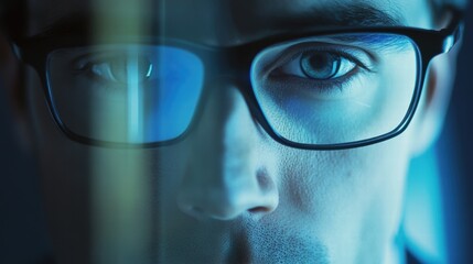 man wearing glasses focused on computer screen