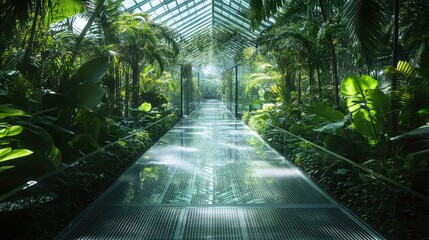 Wall Mural - A transparent pedestrian walkway cutting through a dense urban park, with plants visible through the clear flooring