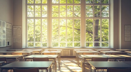 Leinwandbilder - Sunlit classroom with large window and trees.