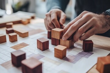 Leinwandbilder - Close-up of hands arranging wooden blocks on a plan.