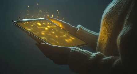 Aufkleber - Woman's hands holding tablet displaying glowing digital data.