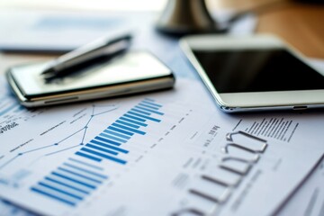 Poster - Close-up of financial charts, tablet, phone, and pen on a desk.