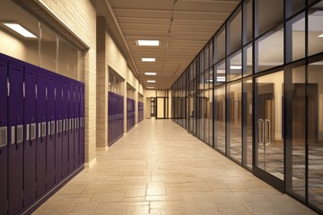 Poster - Empty school hallway with purple lockers and glass walls.