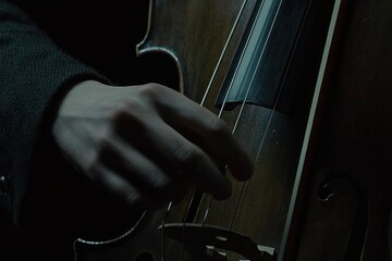 Aufkleber - close-up of a hand playing cello in low light.
