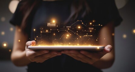 Poster - Woman holding tablet displaying glowing digital network.
